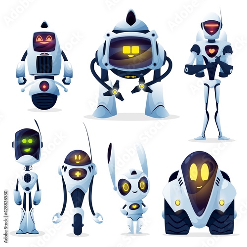 Robots and android bots, cartoon toy characters, vector AI cyborgs. Robot cyborg machines with digital artificial intelligence and mechanical arms, computer game robotic droid creatures on wheels