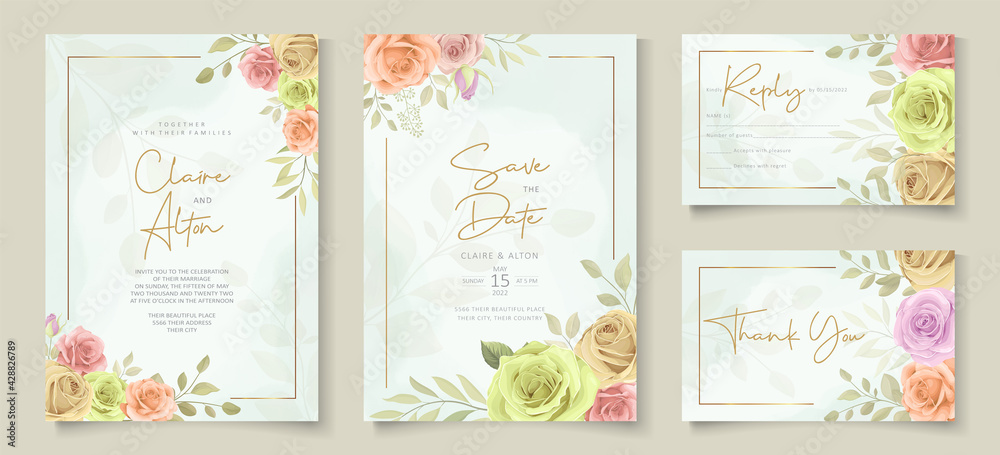 Set of elegant wedding invitation design with soft color floral
