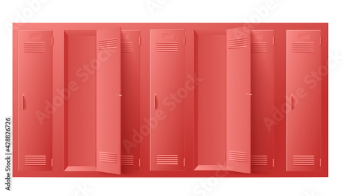 Red metal school lockers front template realistic vector illustration isolated.