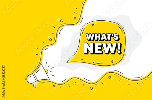 Whats new symbol. Loudspeaker alert message. Special offer sign. New arrivals symbol. Yellow background with megaphone. Announce promotion offer. Whats new bubble. Vector