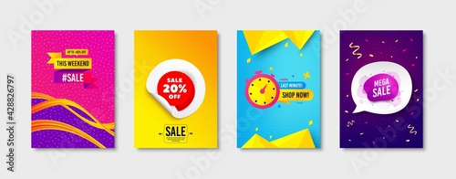 Last minute, Weekend sale and Sale 20 percent promo label set. Sticker template layout. Offer sticker, Discount bubble, Banner sticker. Promotional tag set. Speech bubble banner. Vector