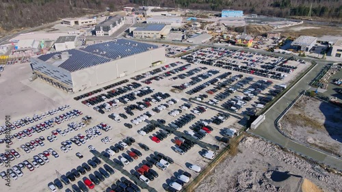 Drone flying over a lot of new cars