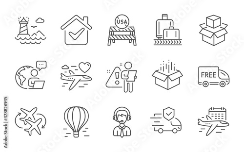 Select flight, Honeymoon travel and Baggage reclaim line icons set. Usa close borders, Air balloon and Shipping support signs. Open box, Free delivery and Transport insurance symbols. Vector