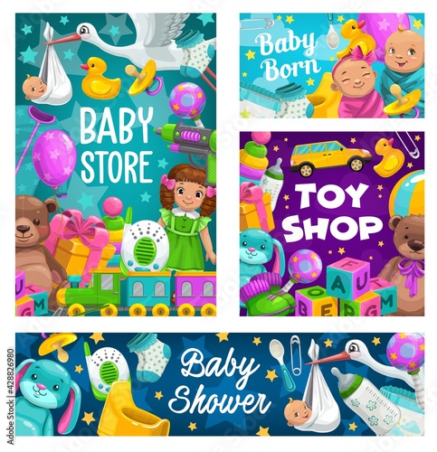 Baby shower, toys shop, kids store cartoon vector. Newborns and diaper, apparel, baby monitor and rubber duck, feeding bottle and soft bear. Cubes, gifts, socks and nipple children stuff posters