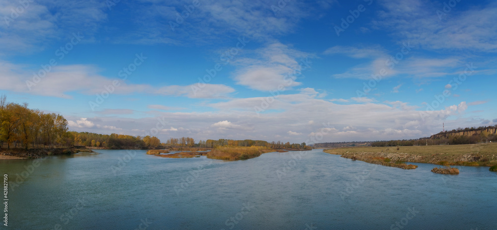 Autumnal view with Siret river in Galati county, Romania. Siret is one of the largest river from Romania.