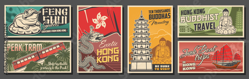 Hong Kong travel landmarks and symbols, China travel banners and posters. Vector money toad, Victoria peak tram, Hong Kong flag and dragon, Buddhist nunnery pagoda, Buddha on lotus and junk boat