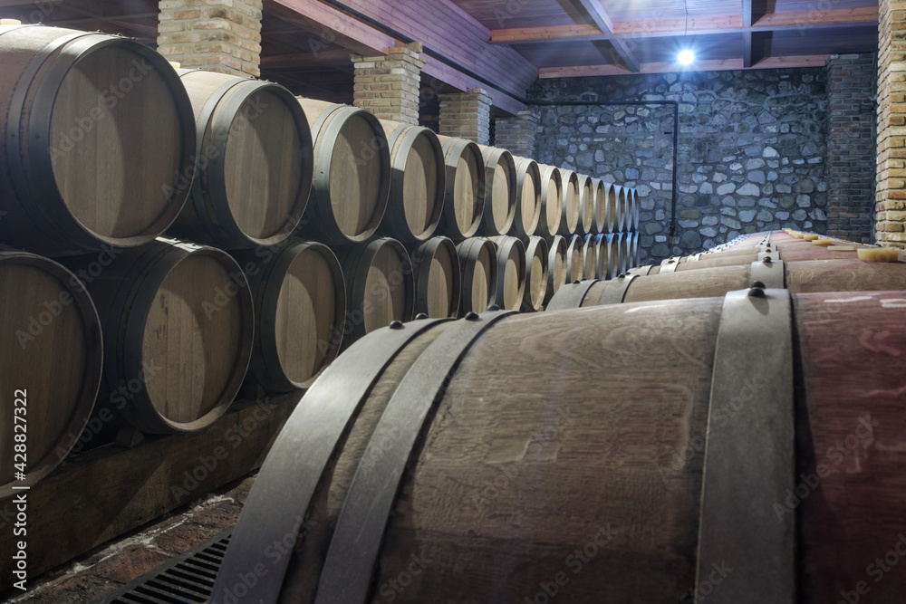 Row of oak barrels in a dry cool wine cellar in basement