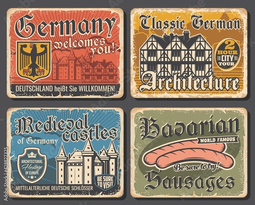 Vintage plates of Germany architecture, bavarian sausages. German touristic attractions, travel landmarks vector tin signs. Germany tours plate with castle, half-timbered house and bavarian food