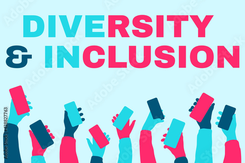 Diversity and inclusion banner. United people holding smartphones. Online teamwork opportunities, equality and social justice. Online community. Vector illustration. 