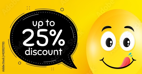 Up to 25 percent Discount. Easter egg with yummy smile face. Sale offer price sign. Special offer symbol. Save 25 percentages. Easter smile character. Discount tag speech bubble. Vector