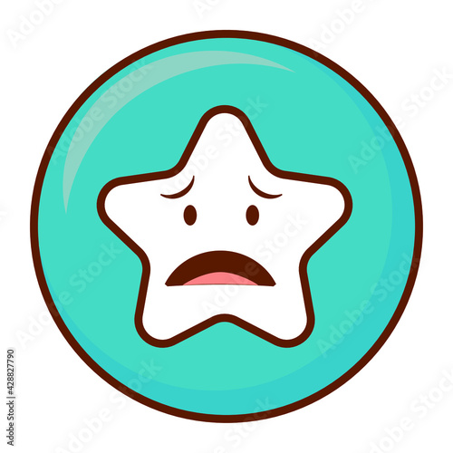 Cute social media frowning face with an open mouth star emoji on a blue button. Royalty-free.