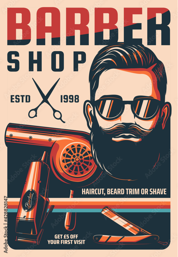 Barbershop, man hairdresser saloon vintage vector poster. Man haircut, beard trim or shave retro banner. Bearded hipster with handlebar mustaches, scissors and straight razor, hair dryer and clipper - obrazy, fototapety, plakaty 