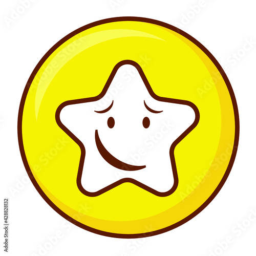 Cute social media smirking face star emoji on a yellow button. Royalty-free.