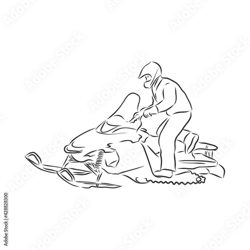 isolated illustration of a rider on a snow scooter , black and white drawing, white background snowmobile vector sketch on white background