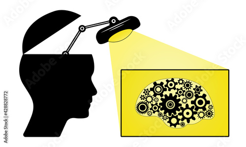 Open human head with desk lamp, signboard, brain and cogwheels. Mental health concept design to use in psychology, depression, autism and medical projects and presentations.