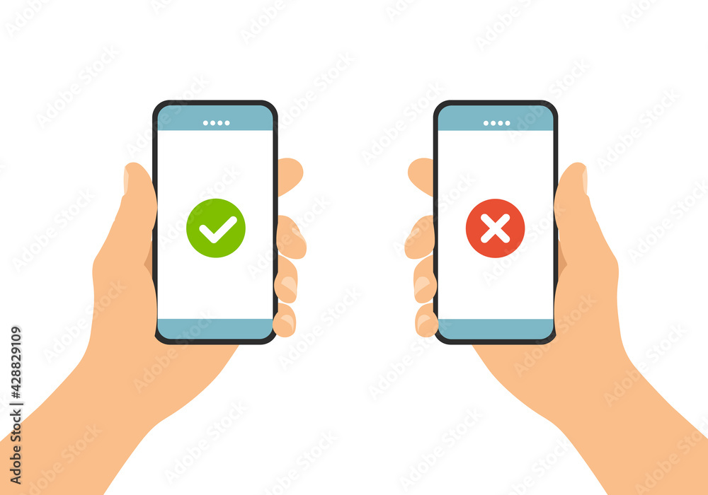 Set Flat design illustration of male hand holding touch screen mobile phone. Agree and reject on display, vector