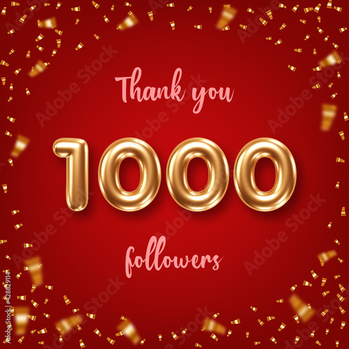 Thank you followers. Social media achievement poster with golden 3d numbers and confetti on red background