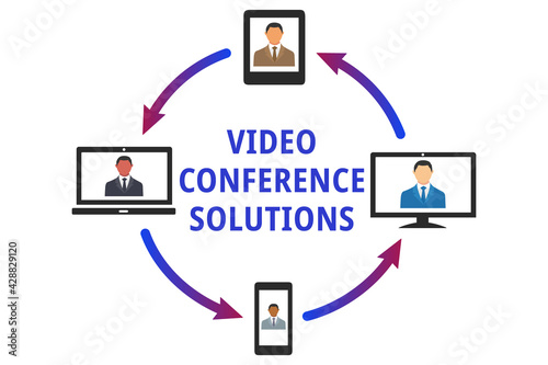 Video conference solutions illustration vector isolated on white. Businessmen of different ethnicities chatting online on phone, tablet and computer. 