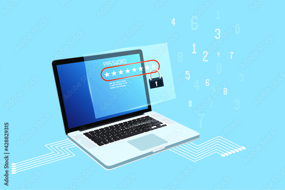 Laptop PC. Red unlocked password notification, flat style design or pc screen with lock and password. Laptop PC. Red unlocked password notification, flat style design or pc screen with lock and password.