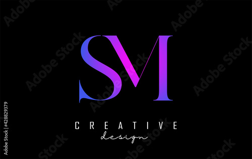 Colorful pink and blue SM s m letter design logo logotype concept with serif font and elegant style. Vector illustration icon with letters S and M.