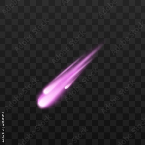 Falling purple meteor or comet, realistic mockup vector illustration isolated.