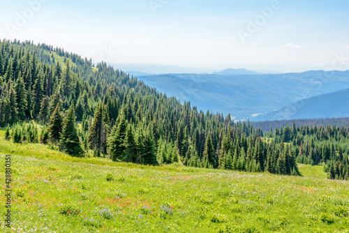 Beautiful landscape of valley in Alpine mountains, small trail, hike root, majestic picturesque view in sunny day