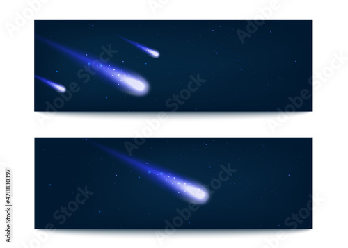 Set of banners with comets on starry night sky, realistic vector illustration.