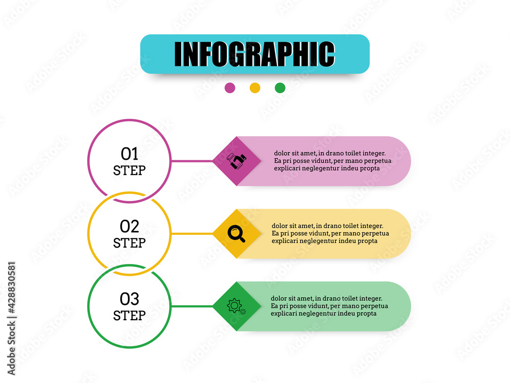Circles together are chain and squares come together to presents three steps. Vector design presentation business infographic template with 3 options. Use presents workflow layout, banner, web design.