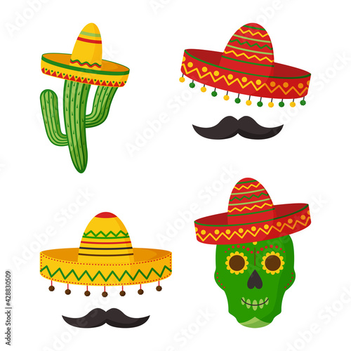 Mexican vector icons. Cinco de Mayo celebration. Skull, sombrero, cactus, mustache isolated on white background. Cartoon illustration