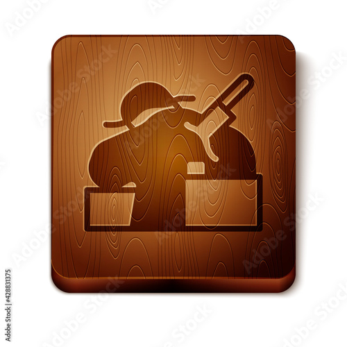 Brown Murder icon isolated on white background. Body, bleeding, corpse, bleeding icon. Concept of crime scene. Wooden square button. Vector