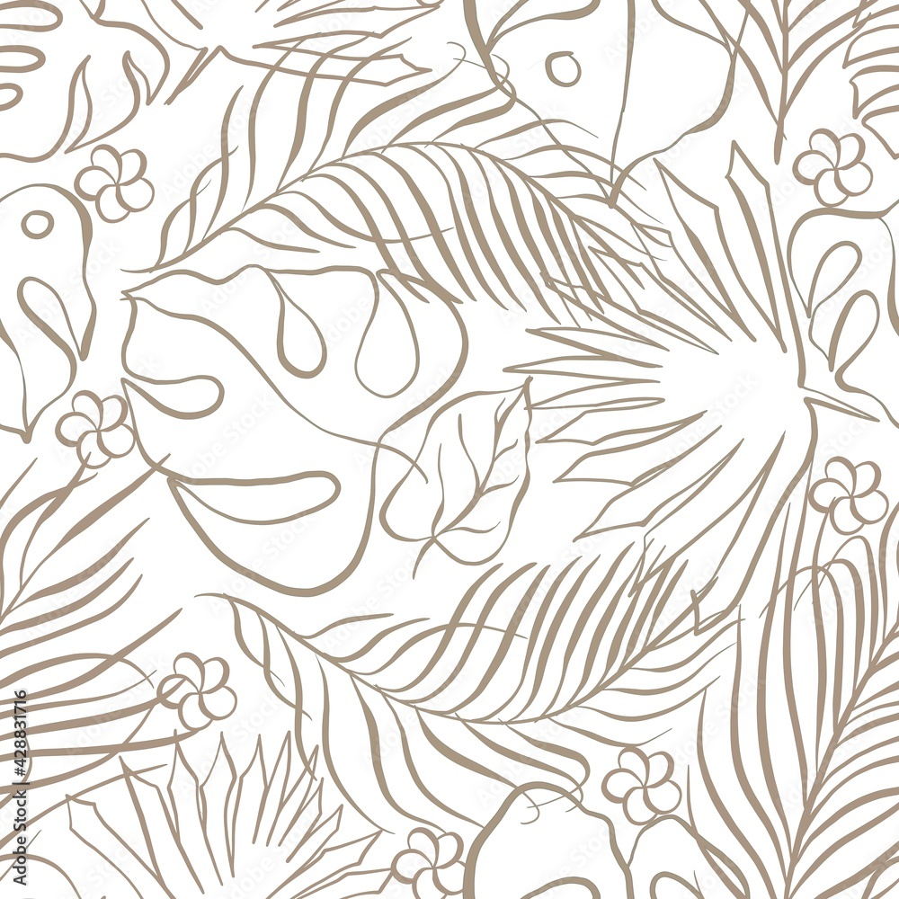 Obraz premium Tropical seamless pattern. Line art. Stylish floral painted wallpaper with leaves. Summer nature tile background