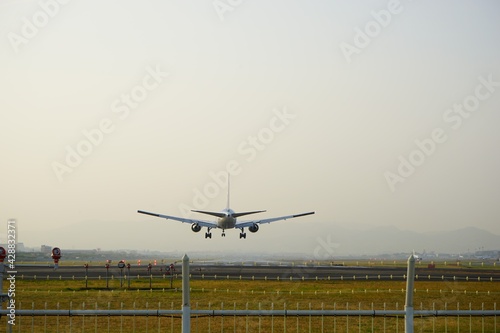 Airplane landing on runway at the airport - 着陸する飛行機 後ろ姿 飛行場