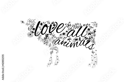 Cow with black-white floral ornament, Wildflowers. Save the planet. Do not eat animals. Love all animals. Save and love animals. Farm animal. Go vegan and vegetarian concept illustration for book, t-s