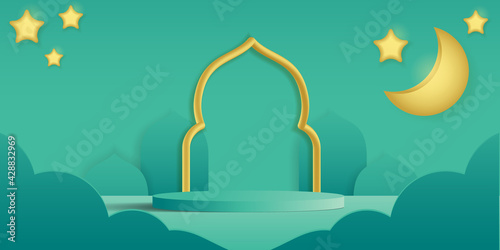Studio background vector 3d. podium platform for ramadan products etc. podium display in green.