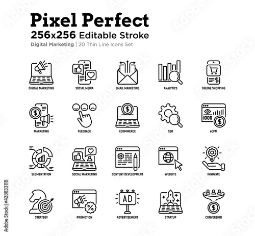 Digital marketing thin line icon set. Social media, advertising, e-mail marketing, e-commerce, online shopping, conversion, start up, promotion. Pixel perfect, editable stroke. Vector illustration