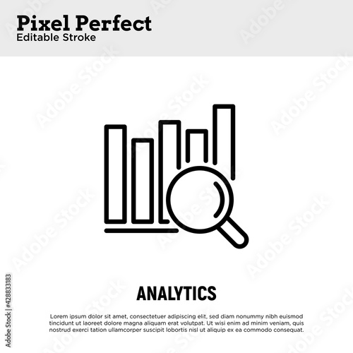 Data analytics thin line icon. Magnifier and increasing graph. Financial analysis. Editable stroke, pixel perfect. Vector illustration.
