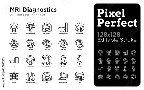 MRI diagnostics thin line icons set. Medical equipment for oncology detection, doctor, nurse, hospital. Pixel perfect, editable stroke. Vector illustration.