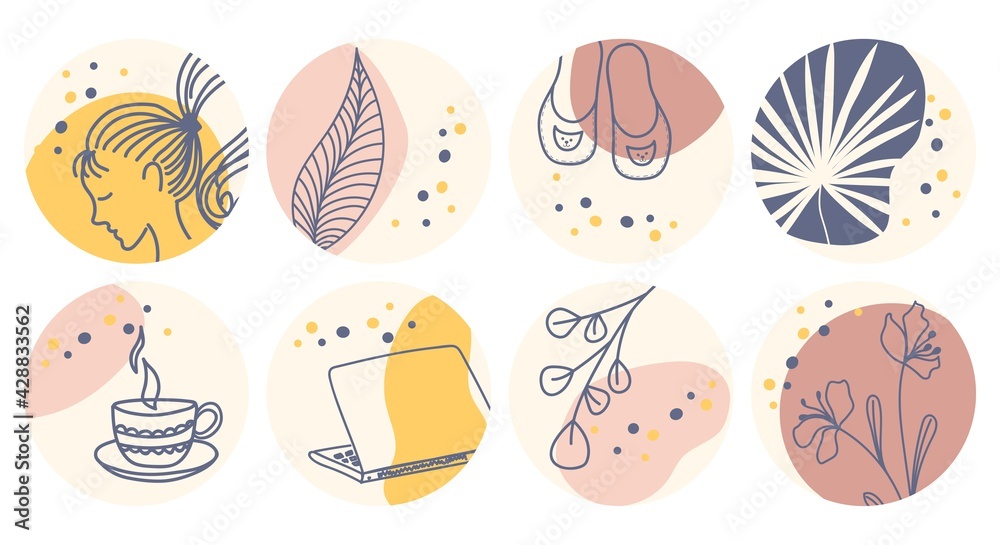 Hand drawn round boho icons and emblems for social media story highlight covers. Set of trendy vector design templates for bloggers, photographers and designers.