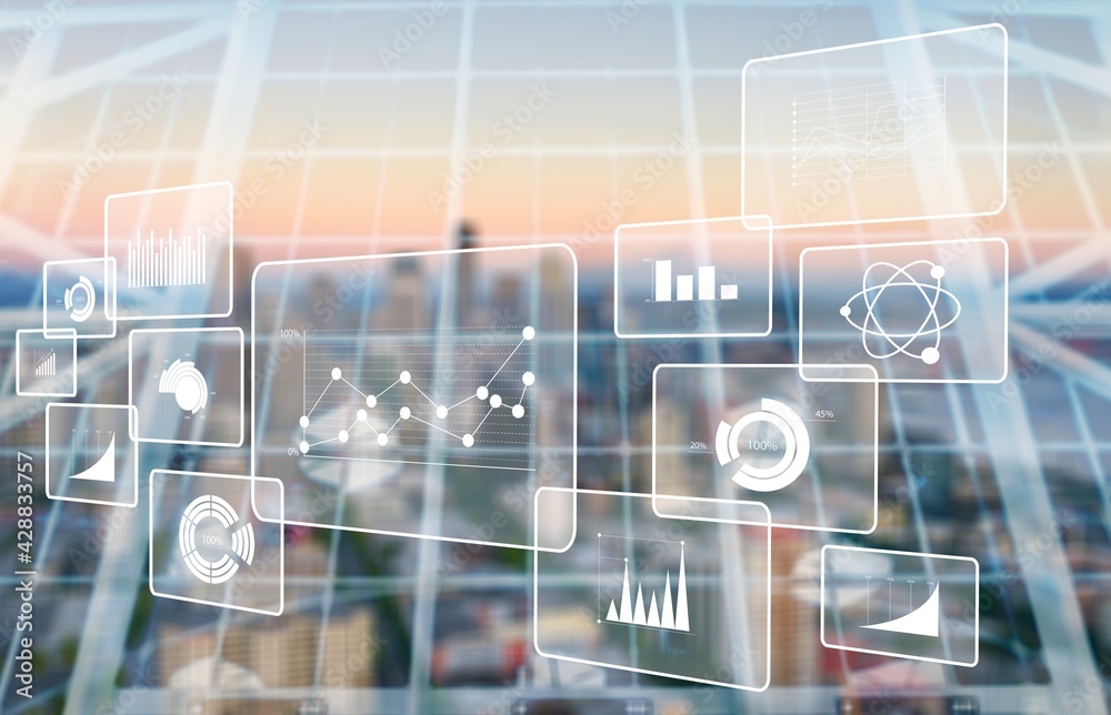 Big data analytics illustration and city view Big data analytics illustration and city view