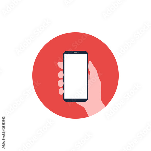 A hand raise smartphone. Vector flat illustration