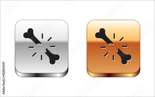 Black Human broken bone icon isolated on white background. Silver and gold square buttons. Vector
