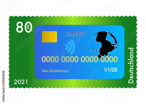 Grüne 80 Cent Briefmarke mit einer blauen Kreditkarte
