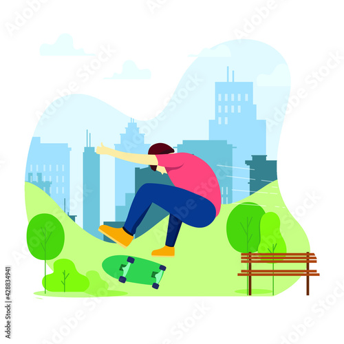 A man skateboarding in garden city with sky building background in flat illustration, Bottom view of young man doing tricks on his skateboard at the skate park