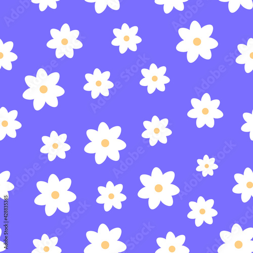 Retro ornament with white flowers. Abstract seamless pattern with cute chamomile on blue background. Good for invitation  poster  card  flyer  banner  textile  fabric  gift wrapping paper.