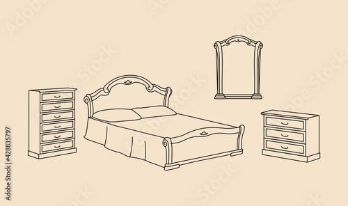 Contour icons of furniture for the interior of a bedroom in a classic style: chest of drawers, mirror, bed