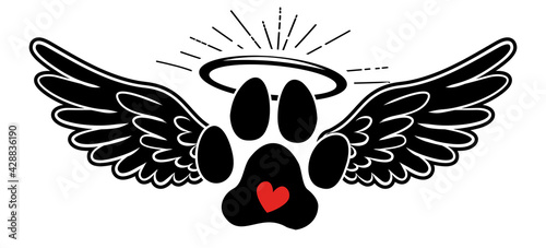 My angel has paws - Hand drawn positive memory phrase. Modern brush calligraphy. Rest in peace, rip yor dog or cat. Love your dog. Inspirational typography poster with pet paws and angel wings, gloria