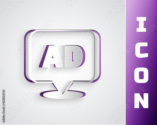 Paper cut Advertising icon isolated on grey background. Concept of marketing and promotion process. Responsive ads. Social media advertising. Paper art style. Vector