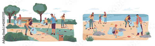People volunteers cleaning up city park and beach from wastes, flat cartoon design. Vector team of adults kids pickup rubbish into bags. Environment protection. Man woman collecting garbage together