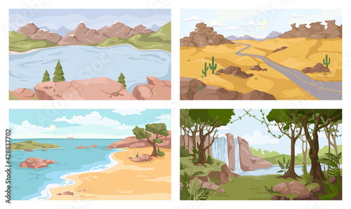 Landscapes set. Vector desert, sea and river, waterfall, sandy desert. Vector mountains and seashore, wild nature backgrounds. Green forest and coastlines, cactus and pine trees, travel adventures