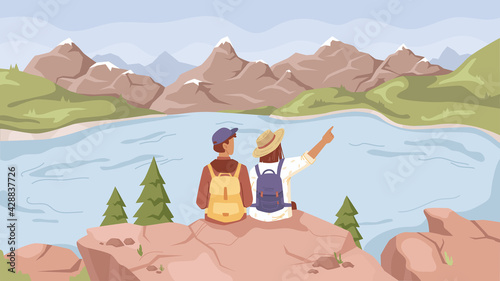 Landscape with lake river, mountains scenery and couple of travelers sitting on rock and enjoying scenery. Vector cartoon background panorama of spring summer nature, green fir trees, scenic blue lake